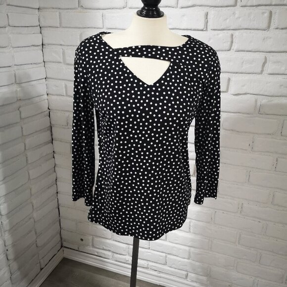 Anne Klein Ladies Size Medium Black & White Polka Dot V-neck Top - Picture 1 of 9